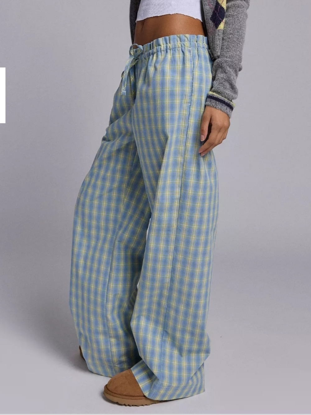 Casual 60% Cotton Lounge Summer Plaid Pants Yellow & Blue Size Medium